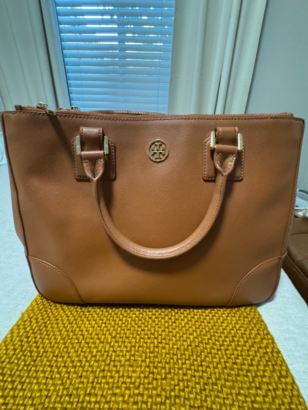 Tory Burch Amber Tan Saffiano Tote with Gold Logo